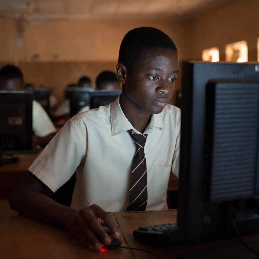 A student at a CBT computer during a practice exam